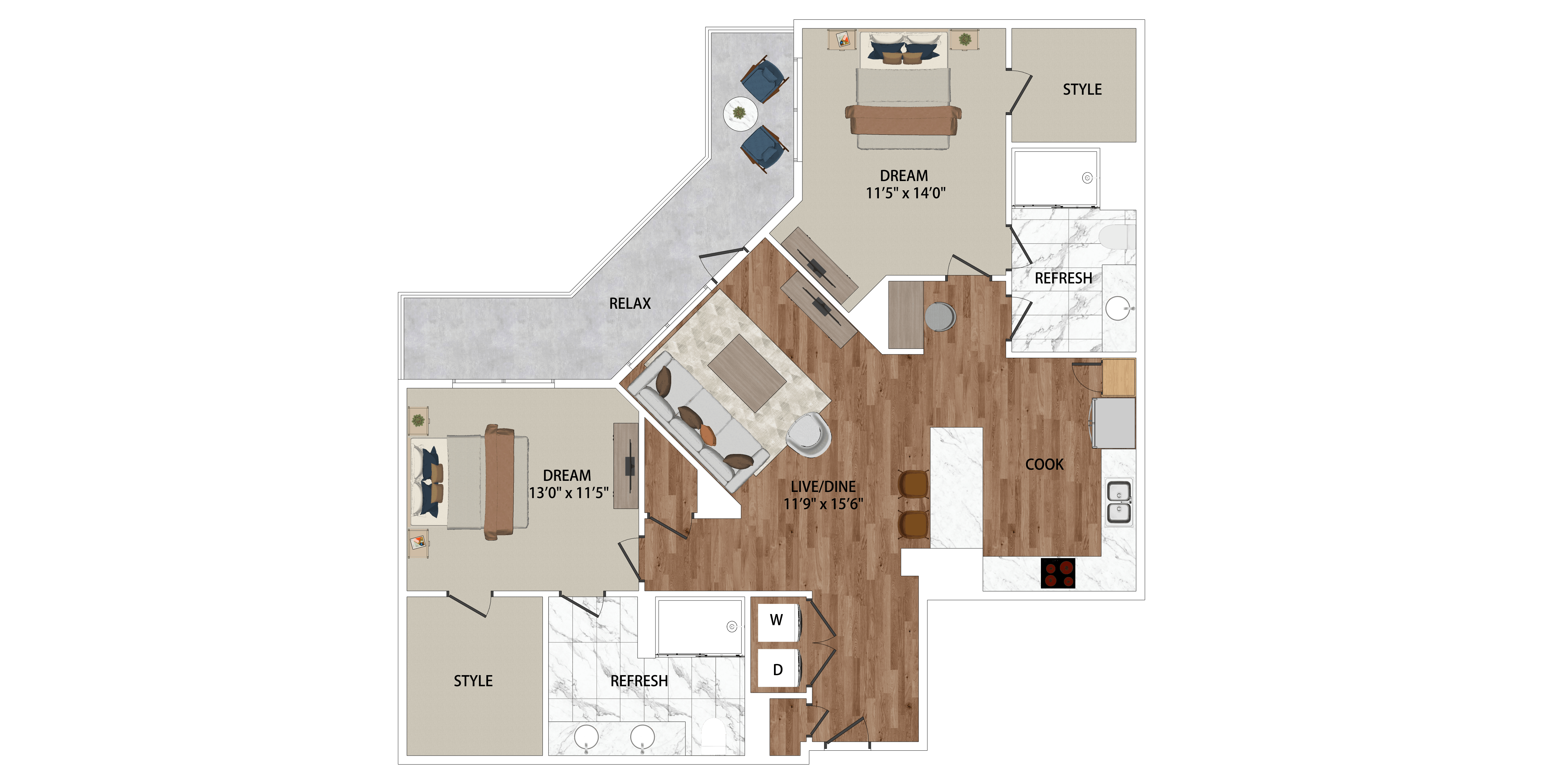 Floor plan for 2 beds, 2 baths, 1276 sqft